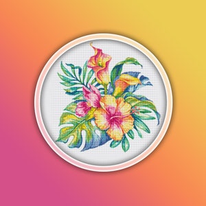 Tropical Flower Bouquet Cross Stitch Pattern 1 Instant PDF Download - Flowers Watercolor Cross Stitch Pattern