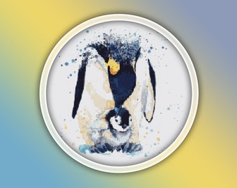 Penguins Cross Stitch Pattern 1 Instant PDF Download - Emperor Penguin Watercolor Cross Stitch Pattern - Bird Cross Stitch Pattern