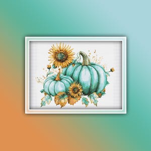 Blue Pumpkins and Sunflowers Cross Stitch Pattern 1 Instant PDF Download - Autumn Watercolor Cross Stitch Pattern - Halloween Cross Stitch