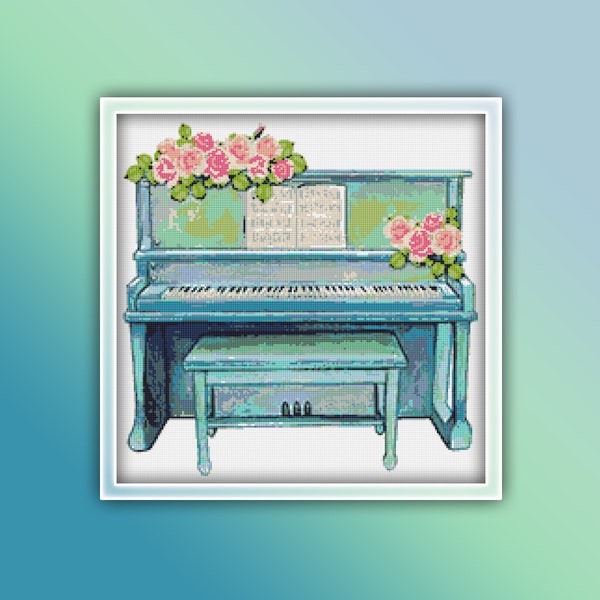 Turquoise Piano Cross Stitch Pattern 1 Instant PDF Download - Music Watercolor Cross Stitch Pattern - Blue Piano