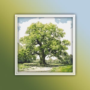 May include: A cross-stitch pattern of a large green tree with a dirt path leading to it. The tree is in a field with other trees in the background. The sky is blue with white clouds.