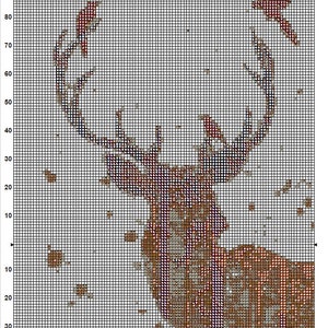 Peut inclure: Mod&egrave;le de point de croix pour un cerf avec des couleurs brun, noir et blanc. Le motif est sur une grille avec des num&eacute;ros pour chaque rang&eacute;e et chaque colonne. Le motif est pour un projet de point de croix.