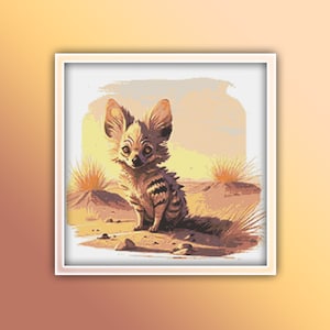 May include: A striped, brown and white, fox-like animal with large ears sits in a desert landscape. The animal is looking directly at the viewer. The background is a sunset with a hazy orange sky and two small bushes in the distance.