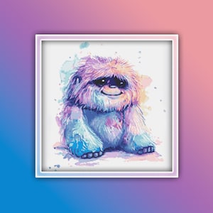 May include: A watercolor painting of a furry, blue, pink, and purple creature with big eyes and a smile. The creature is sitting on a white background with watercolor splatters.