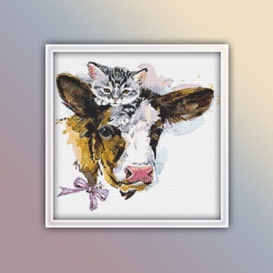 May include: A watercolor painting of a brown and white cow with a small gray and white kitten sitting on its head. The cow has a pink nose and a purple bow tied around its neck.
