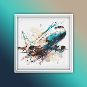 May include: A blue and white airplane with a watercolor effect, flying through the air with a splash of color behind it.