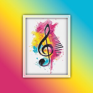 May include: A black treble clef with a colourful watercolour background. The background features splashes of pink, yellow, blue, and green.