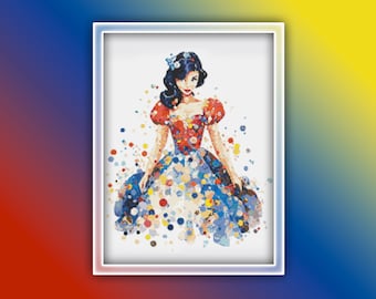 白雪姫のクロスステッチ パターン 1 インスタント PDF ダウンロード - プリンセス 水彩画 クロスステッチ パターン - 白雪姫のおとぎ話