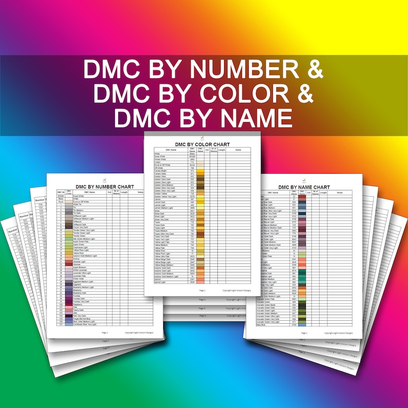 K&ouml;nnte beinhalten: Ein Satz von drei DMC-Farbtabellen, sortiert nach Nummer, Farbe und Name. Jede Tabelle ist auf wei&szlig;em Papier gedruckt und zeigt ein Raster mit Farbmustern mit entsprechenden Nummern und Namen.