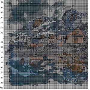 May include: A cross-stitch pattern depicting a winter scene with a small village, snow-covered trees, and a blue sky. The pattern is on a grid with numbers for each square.