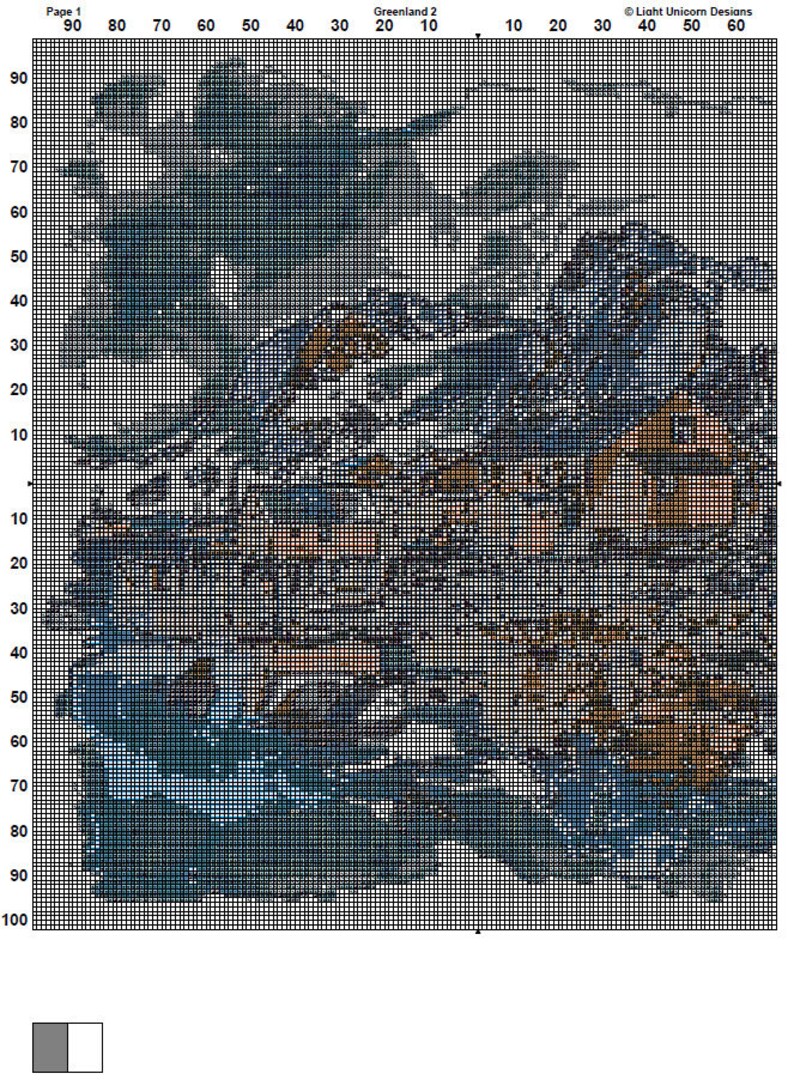 May include: A cross-stitch pattern depicting a winter scene with a small village, snow-covered trees, and a blue sky. The pattern is on a grid with numbers for each square.