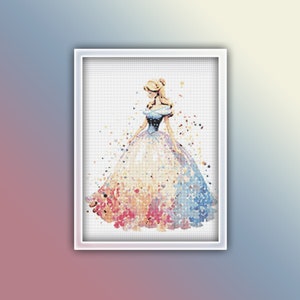 Cinderella Cross Stitch Pattern 1 Instant PDF Download - Princess Watercolor Cross Stitch Pattern - Cinderella Fairy Tale