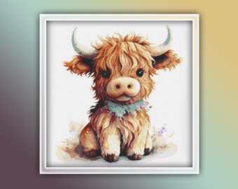 Highland Cow Cross Stitch Pattern 4 Instant PDF Download - Cow Watercolor Cross Stitch Pattern - Animal Cross Stitch Pattern