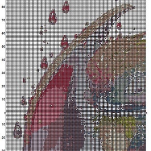 May include: A cross-stitch pattern for a dragon with red, orange, yellow, green, blue, and purple colors. The pattern is on a white grid with numbers along the top and side.