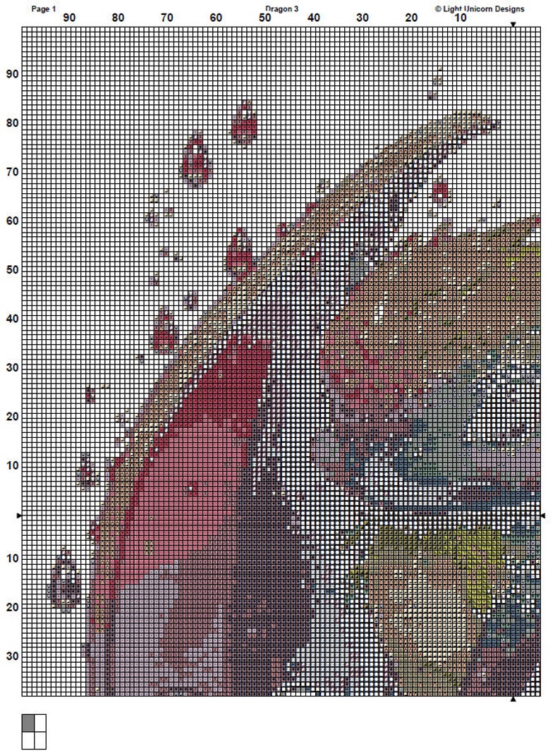 May include: A cross-stitch pattern for a dragon with red, orange, yellow, green, blue, and purple colors. The pattern is on a white grid with numbers along the top and side.
