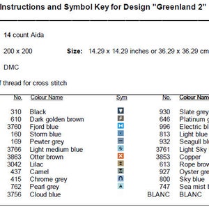May include: A cross stitch pattern chart with instructions and a symbol key for a design called "Greenland 2". The chart includes DMC thread colours and symbols for each colour. The design is 200 stitches by 200 stitches and uses 14 count Aida fabric. The finished size is 14.29 inches by 14.29 inches or 36.29 cm by 36.29 cm.