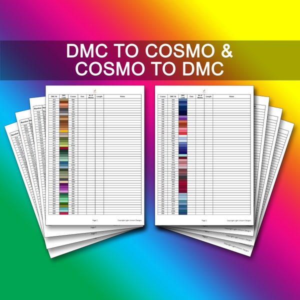 Tableau de conversion DMC en Cosmo PDF Téléchargement instantané | Grille de point de croix | Inventaire | Liste des discussions Dmc | Liste des discussions sur Cosmo