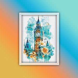May include: A watercolor painting of Big Ben, the famous clock tower in London, England. The tower is surrounded by blue and green watercolor washes, and there are flowers in the foreground.