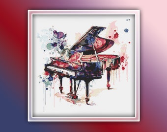 Piano Cross Stitch Pattern 7 Instant PDF Download - Music Watercolor Cross Stitch Pattern - Piano Music Instrument Cross Stitch Pattern