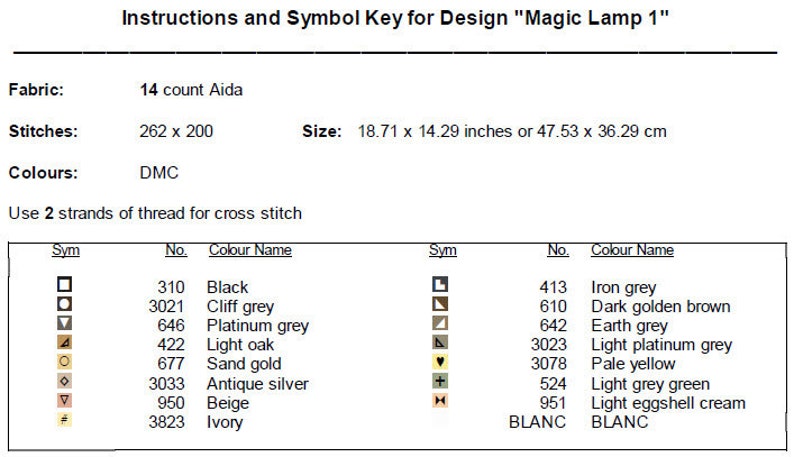 Op de afbeelding: Kruissteekpatroontekening voor een ontwerp "Magic Lamp 1". De tekening bevat een symbooltabel met DMC-garenkleuren en -namen, zoals zwart, klif grijs, platina grijs, licht eikenhout, zandgoud, antiek zilver, beige, ivoor, ijzergrijs, donker goudbruin, aarde grijs, licht platina grijs, lichtgeel, licht grijsgroen, licht eierschalencr&egrave;me en blanc. Het patroon is voor 14-counts Aida-stof en meet 47,53 x 36,29 cm.