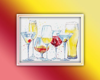 Drinks Cross Stitch Pattern 1 Instant PDF Download - Cocktail Watercolor Cross Stitch Pattern - Alcohol Drink
