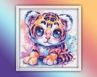 Tiger Cross Stitch Pattern 11 Instant PDF Download - Tiger Cub Watercolor Cross Stitch Pattern - Animal Cross Stitch Pattern