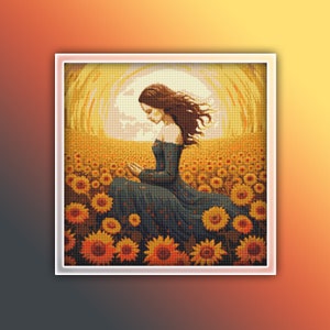 Femme en fleurs motif point de croix 3 Téléchargement instantané en PDF - aquarelle femme motif point de croix - fleurs jaunes - tournesols