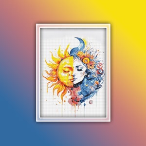 Sun and Moon Cross Stitch Pattern 2 Instant PDF Download | Moon Face with Sun Face Watercolor Cross Stitch Pattern Half Moon Half Sun