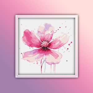 May include: A watercolor painting of a pink flower with white and purple accents. The flower is on a white background with pink and purple splatters of paint.