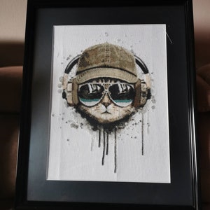 May include: A framed cross-stitch artwork featuring a cat wearing sunglasses and a baseball cap. The cat is depicted in a stylized, almost cartoonish manner, with a white background and black and gray accents. The artwork is framed in a black frame.