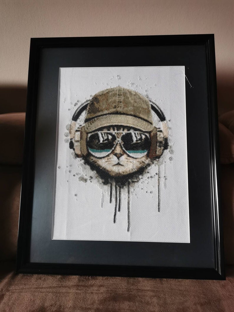 May include: A framed cross-stitch artwork featuring a cat wearing sunglasses and a baseball cap. The cat is depicted in a stylized, almost cartoonish manner, with a white background and black and gray accents. The artwork is framed in a black frame.