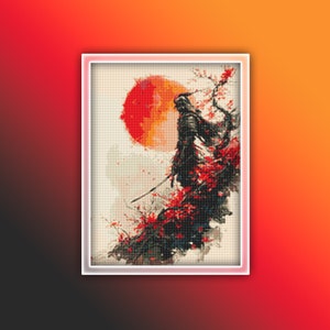 Pode incluir: Uma pintura digital de um guerreiro samurai em pé em uma árvore com flores vermelhas. O guerreiro está silhuetado contra um grande sol vermelho no fundo.