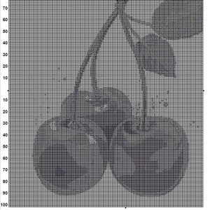 Puede incluir: Patr&oacute;n de punto de cruz de dos cerezas con tallos. El dise&ntilde;o est&aacute; representado en tonos grises y blancos, creando una imagen detallada en escala de grises. El texto "Cherries" y "Light Unicorn Designs" son visibles.