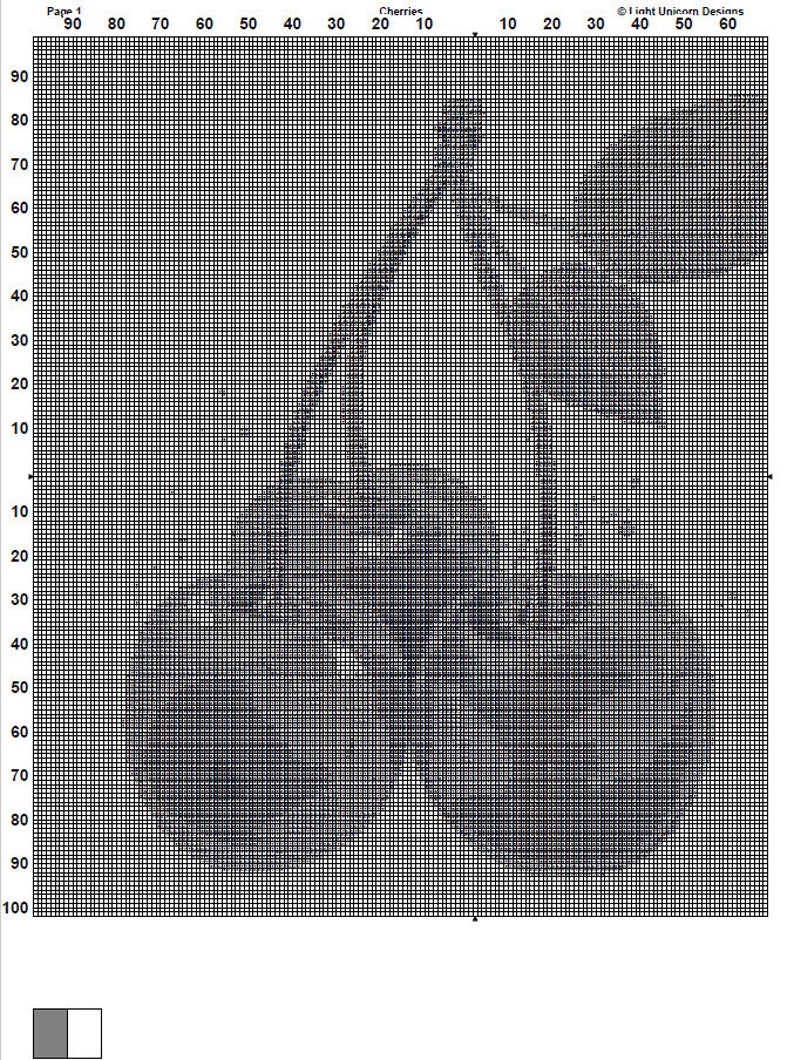 Puede incluir: Patr&oacute;n de punto de cruz de dos cerezas con tallos. El dise&ntilde;o est&aacute; representado en tonos grises y blancos, creando una imagen detallada en escala de grises. El texto "Cherries" y "Light Unicorn Designs" son visibles.