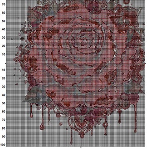 K&ouml;nnte beinhalten: Ein Kreuzstichmuster f&uuml;r eine rote Rose mit einem Tropfeffekt. Das Muster befindet sich auf einem Gitter mit Zahlen f&uuml;r jede Reihe und Spalte. Das Muster ist f&uuml;r ein Kreuzstichprojekt.