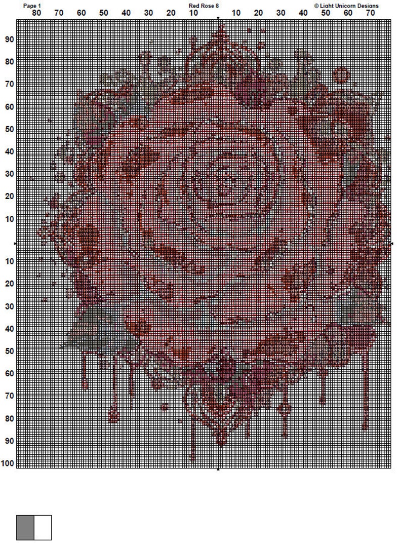 K&ouml;nnte beinhalten: Ein Kreuzstichmuster f&uuml;r eine rote Rose mit einem Tropfeffekt. Das Muster befindet sich auf einem Gitter mit Zahlen f&uuml;r jede Reihe und Spalte. Das Muster ist f&uuml;r ein Kreuzstichprojekt.