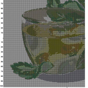 May include: A cross-stitch pattern of a glass of green tea with a green leaf on top. The pattern is on a grid with numbers and lines to help with stitching.