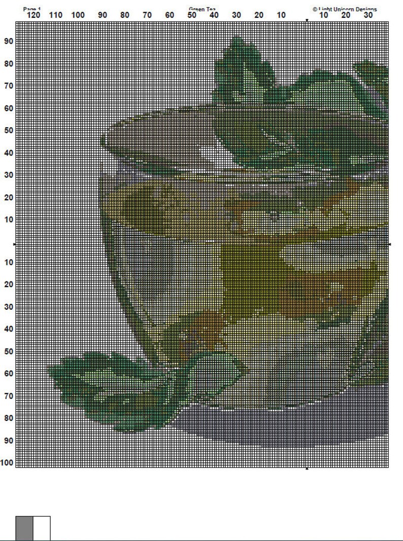 May include: A cross-stitch pattern of a glass of green tea with a green leaf on top. The pattern is on a grid with numbers and lines to help with stitching.
