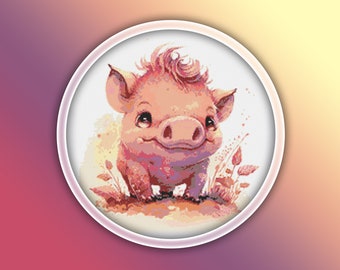 Patrón de punto de cruz Bush Pig 2 Descarga instantánea en PDF - Patrón de punto de cruz de acuarela Bushpig - Cerdo salvaje - Patrón de punto de cruz de cerdo rosa