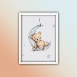 Teddy Bear Cross Stitch Pattern 1 Instant PDF Download - Sleeping Teddy Watercolor Cross Stitch Pattern - Animal Cross Stitch Pattern