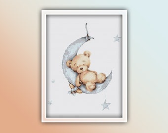 Teddybär-Kreuzstichmuster 1 Sofortiger PDF-Download - Schlafender Teddy-Aquarell-Kreuzstichmuster - Tier-Kreuzstichmuster
