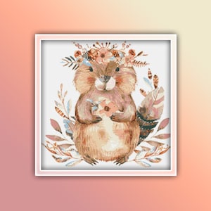 Boho Beaver Cross Stitch Pattern 1 Instant PDF Download - Bohemian Baby Beaver Watercolor Stitching Pattern - Lake Animals Cross Stitch