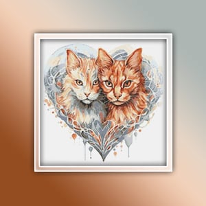 Cat Heart Cross Stitch Pattern 2 Instant PDF Download - Kitty Watercolor Cross Stitch Pattern - Ginger Cat and Creamy Ginger Cat Heart