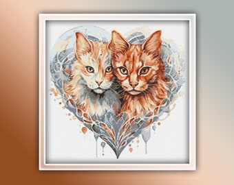 Cat Heart Cross Stitch Pattern 2 Instant PDF Download - Kitty Watercolor Cross Stitch Pattern - Ginger Cat and Creamy Ginger Cat Heart