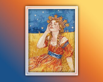 Femme grecque modèle de point de croix 1 Téléchargement instantané en PDF - aquarelle femme grecque modèle de point de croix - étoile femme dans l'aquarelle