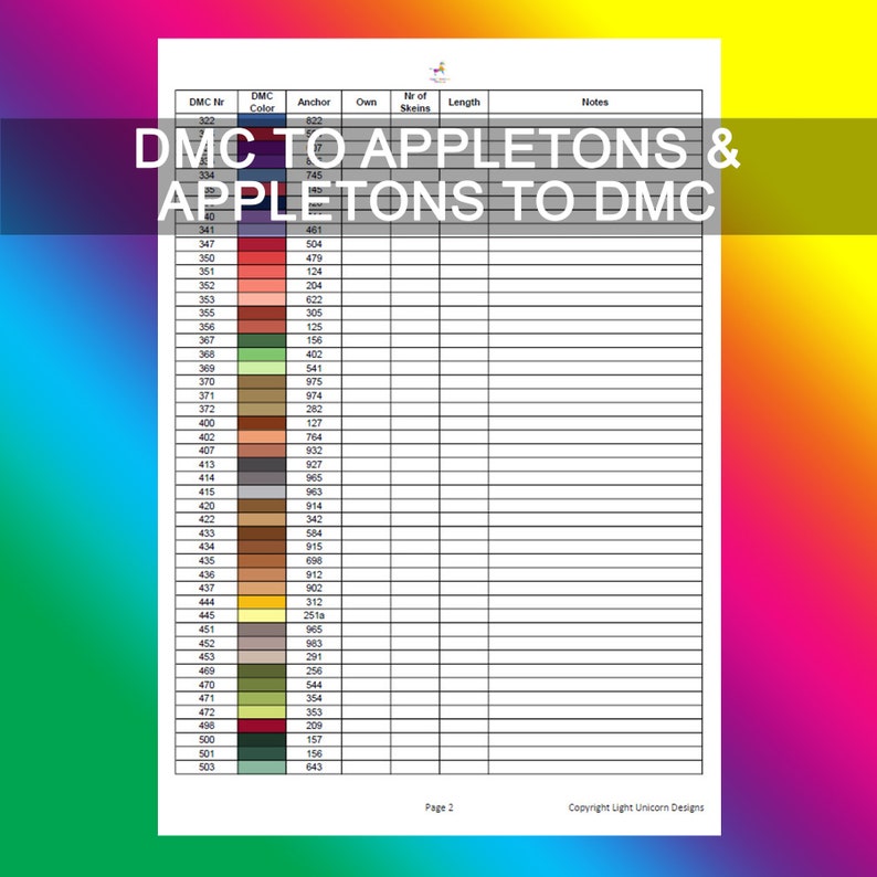 DMC to Appletons Conversion Chart PDF Instant Download | Cross Stitch ...