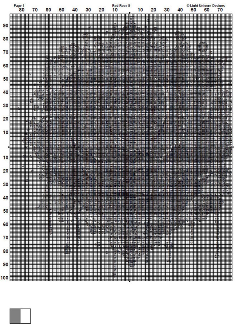 K&ouml;nnte beinhalten: Ein schwarz-wei&szlig;es Kreuzstichmuster einer roten Rose. Das Muster befindet sich auf einem Gitter mit Zahlen oben und an der Seite. Der Titel "Red Rose 8" befindet sich oben auf dem Gitter.