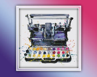 Typewriter Cross Stitch Pattern 1 Instant PDF Download - Typewriter Watercolor Cross Stitch Pattern - Colorful Typewriter Machine