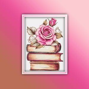 Books with Roses Cross Stitch Pattern 2 Instant PDF Download - Book Watercolor Cross Stitch Pattern - Reading Cross Stitch
