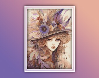 Feather Woman Cross Stitch Pattern 1 Instant PDF Download - Woman Watercolor Cross Stitch Pattern - Feather Hat Vintage Woman